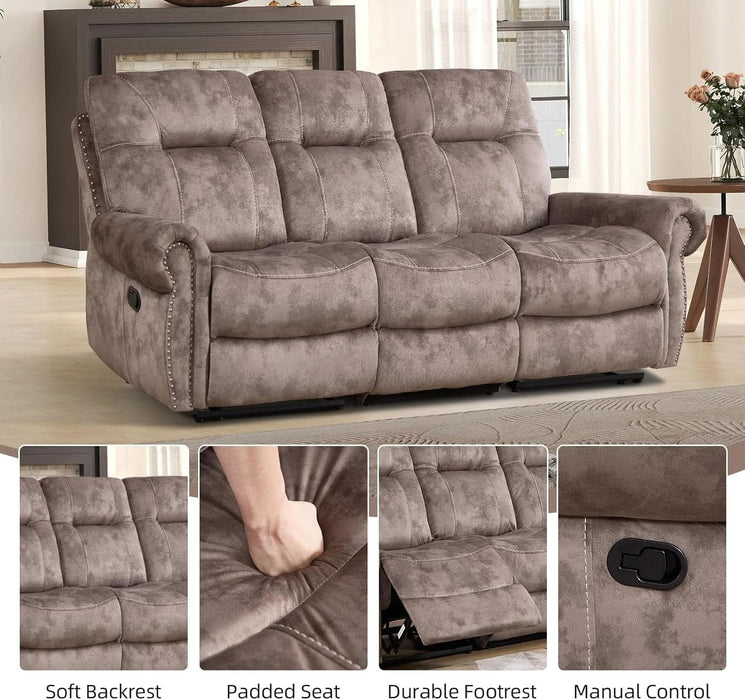 Manual Recliner 3 Seat Sofa Couch, Soft Fabric 3 Seater Reclining Couch Chair, Vintage Rivet Mid-Century Design Furniture for Living Room, Meeting Room, Brown
