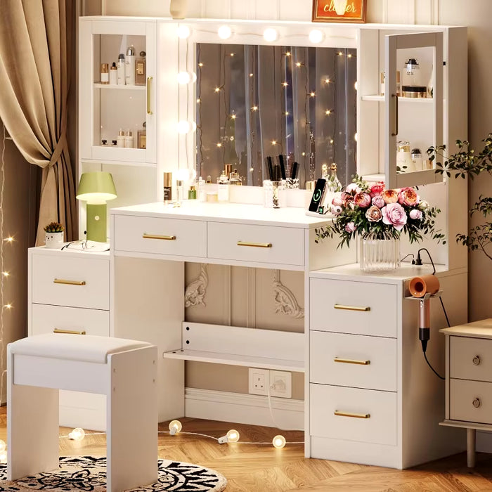 58.3" Large Desk Mirror &; ,Makeup Vanity with 10 LED Lights,8 Metal Sliding Drawers & 2 Cabinets,White