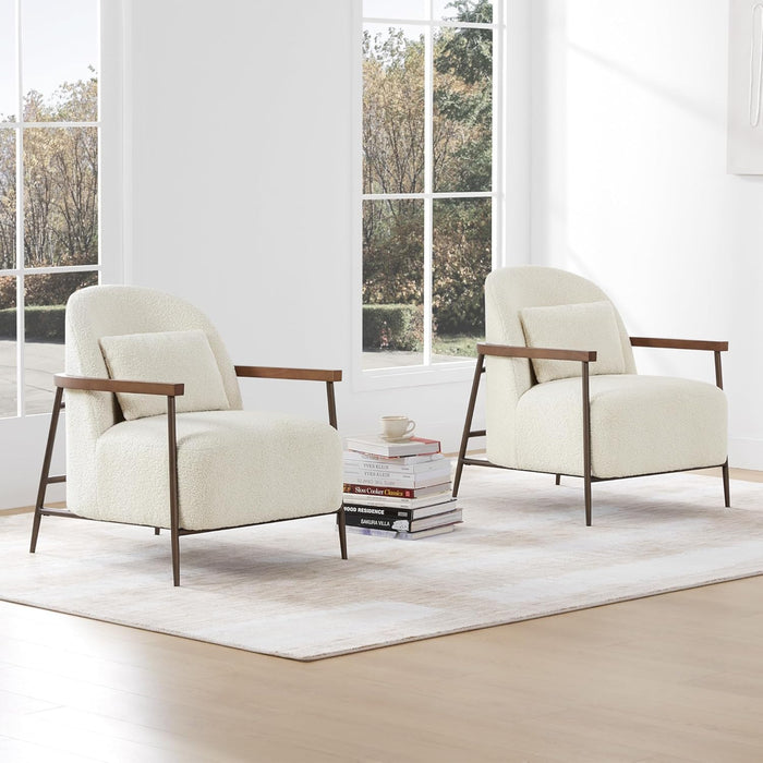 Accent Chair for Living Room Set of 2, FSC Certified Modern Upholstered Faux Sherpa Fabric Armchair with Metal Frame and Wooden Armrests, Ivory