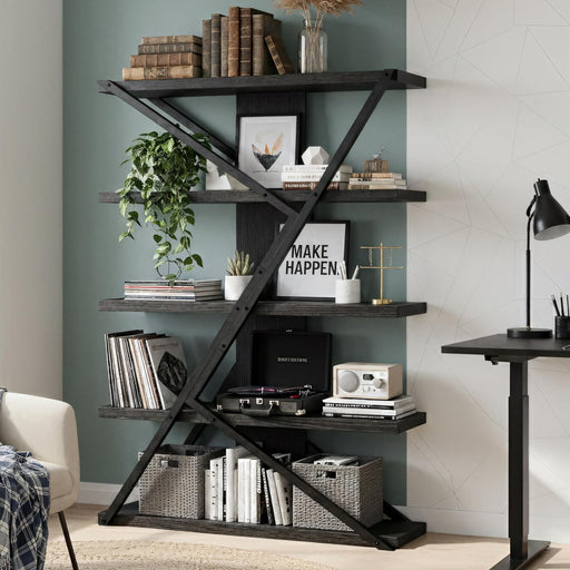 Industrial Bookshelf, Vintage 5-Tier Tall Bookcase with Wood and Metal Frame, Rustic Large Display Shelf for Home Office, 72" H X 47" L X 12" W, Black