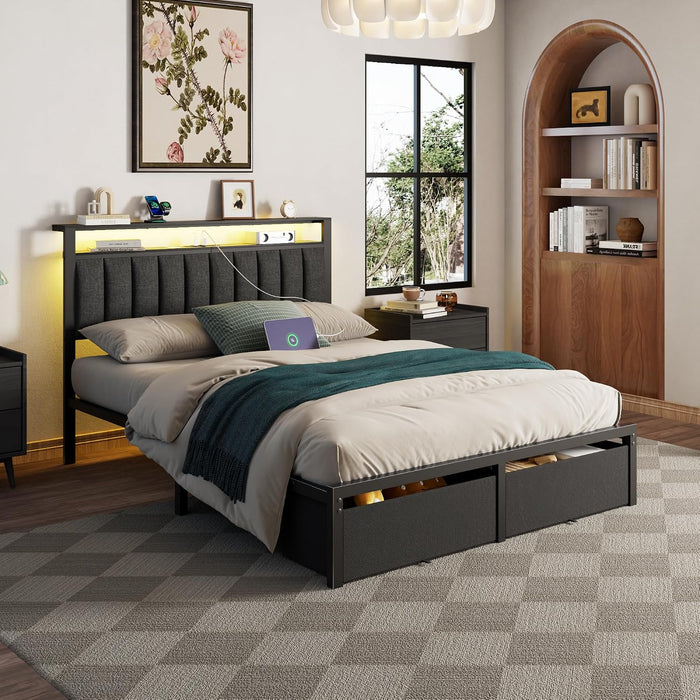 Queen Bed Frame with Storage Drawers and Upholstered Headboard