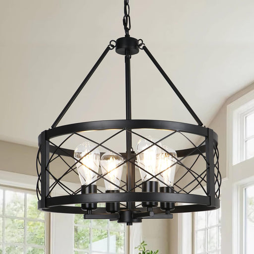 Vintage Chandelier for Entryway, 4 Lights Farmhouse Dining Room Light Fixture, Modern Rustic Black Chandeliers, Industrial Metal Drum Light Fixtures for Kitchen Island Foyer Living Room