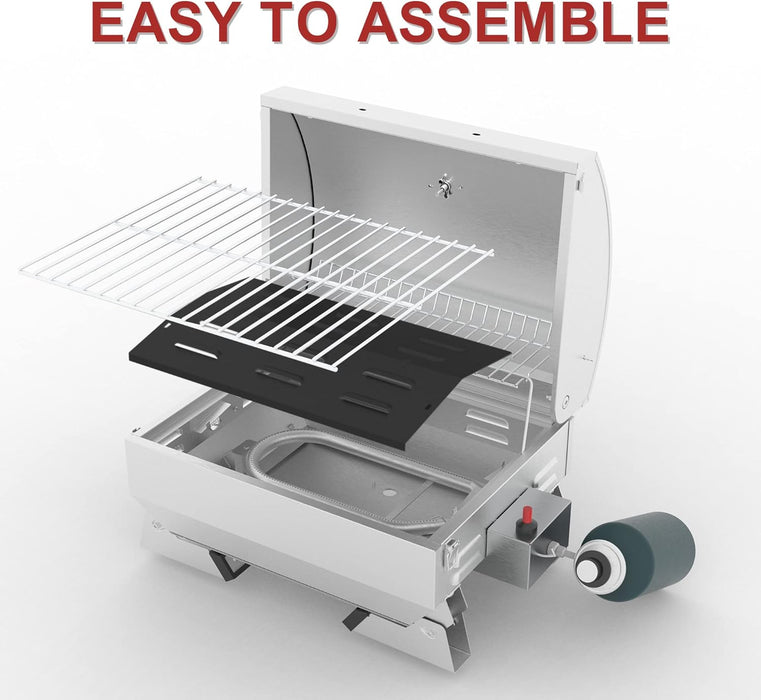 GT1001 Stainless Steel Portable Grill, 10000 BTU BBQ Tabletop Gas Grill with Folding Legs and Lockable Lid, Outdoor Camping, Deck and Tailgating, Silver