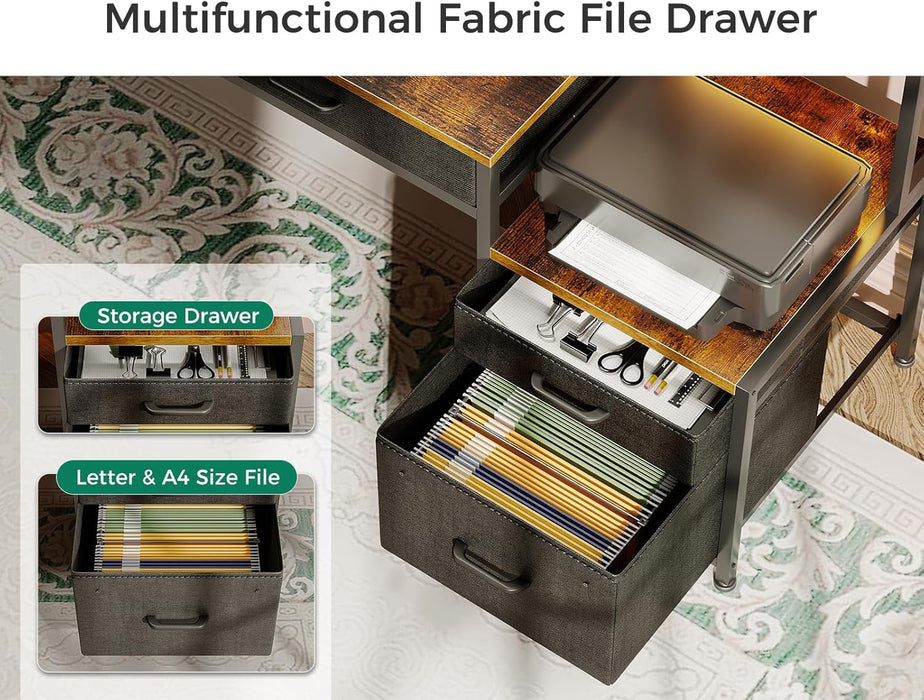 48-Inch Computer Desk with Fabric File Cabinet and Fabric Drawers, Reversible Office Desk with LED Strip and Power Strip, Gaming Desk with Monitor Riser, Writing/Study Table for Home, Vintage