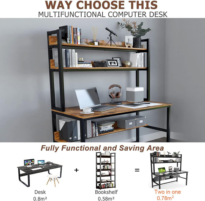 Computer Desk with Hutch, 47“W X 23.6" D Desk with Shelves, Tall Home Office Desk with Bookshelf, Metal Legs Study Table with Upper Storage Shelf for Study Writing/Workstation