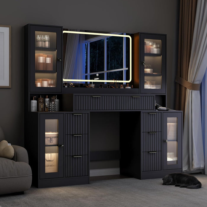 55" Vanity Desk with Mirror & Lights, Fluted Makeup Vanity with 8 Drawers & 4 Cabinets, Tempered Glass Top, RGB Cabinet Lighting, 3-Color Dimmable Mirror, and Charging Station