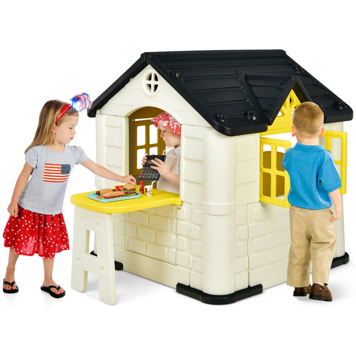 Kid'S Playhouse Games Cottage W/ 7 PCS Toy Set & Waterproof Cover Yellow