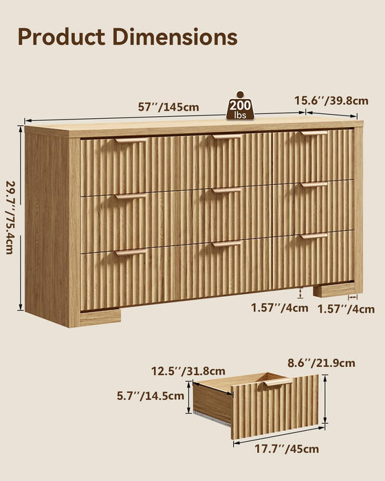 57" W Fluted Dresser with 9 Drawers, Wooden Dresser TV Stand