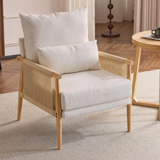 Beige Chenille Modern Armchair Featuring Lumbar Pillow