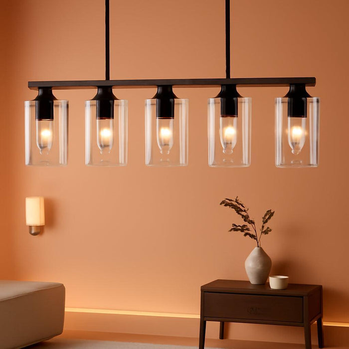 Dining Room Light Fixture over Table, 5-Light Kitchen Island Lighting with Glass Shade and Adjustable Rods, Farmhouse Linear Chandelier Pendant Light for Kitchen Living Room, Matte Black