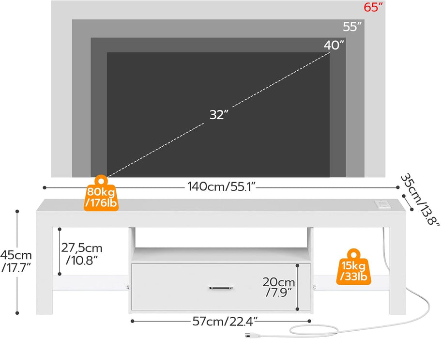 LED TV Stand with Power Outlets to 65 Inch TV, Gaming Entertainment Center with Glass Shelves and Large Drawer, Modern Media TV Console Table for Living Room Bedroom, White WT14UDDS01
