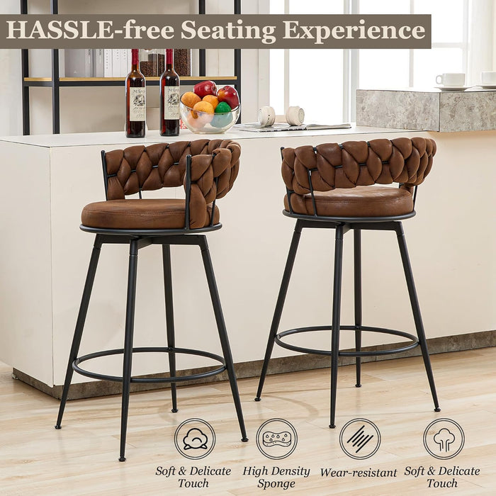 Swivel Bar Stools Set of 2, 28 Inches Modern Counter Height Bar Stools with Woven Back, Upholstered Suede Tall Barstools for Kitchen Island, Cafe, Dark Brown