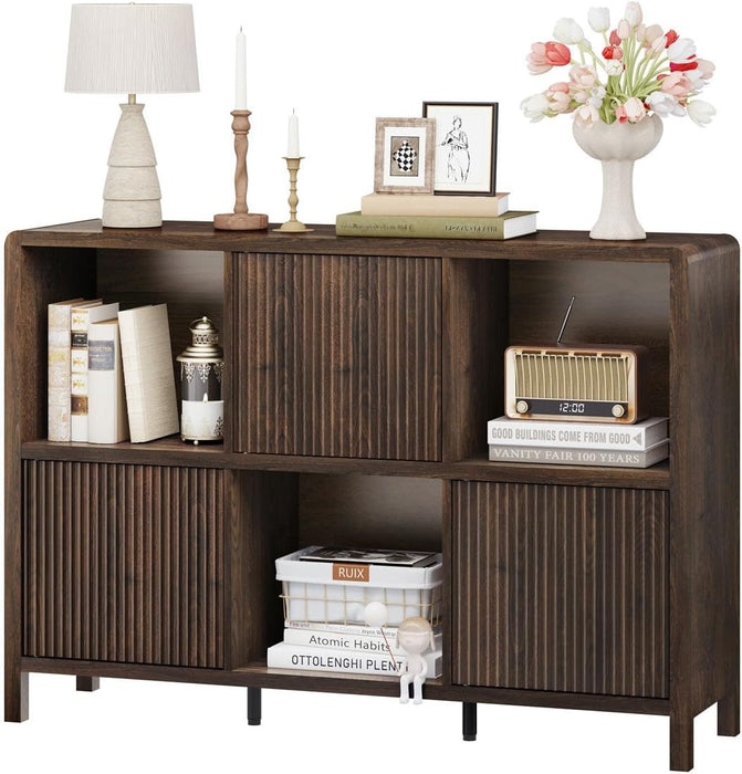 6 Cube Storage Organizer Book Shelf, Horizontal Bookshelf with 3 Doors, 3 Tier Wooden Bookcase for Living Room, Home Office (Dark Walnut)