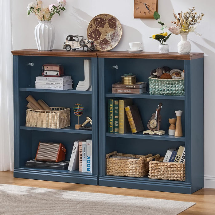 43" Blue Bookshelf, 3 Tier Farmhouse Small Wooden Book Shelf
