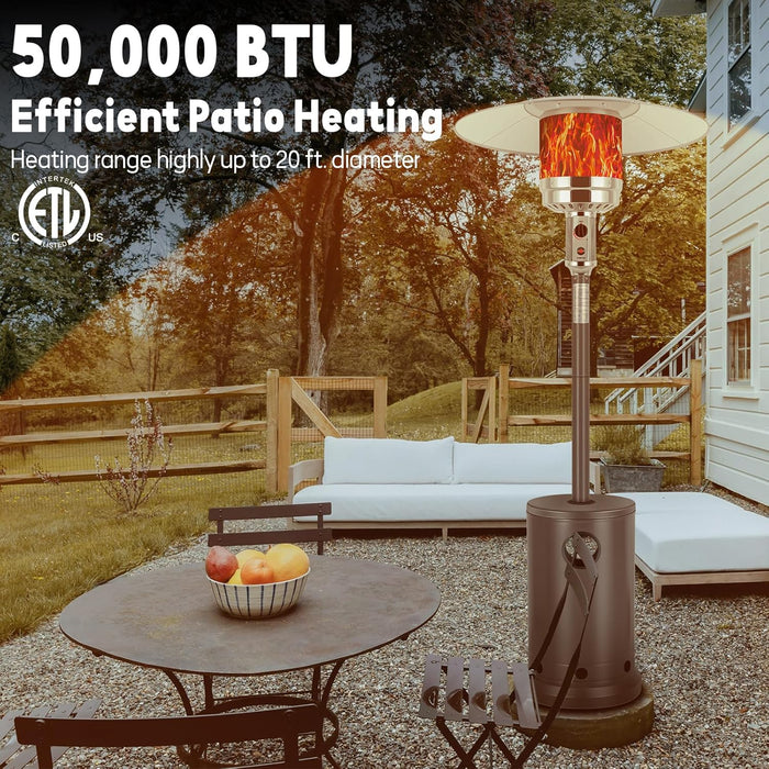 50,000 BTU Propane Patio Heater with Table Design, Double-Layer Stainless Steel Burner and Wheels, Tip-Over Protection System, Outdoor Patio Heater for Home,Garden & Commercial, Bronze