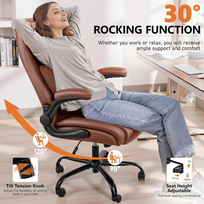 Office Chair, Ergonomic Desk Chair with Lumbar Support for Lower Back Pain Relief, Executive Leather Chair with Padded Flip-Up Armrests and Wheels, Brown