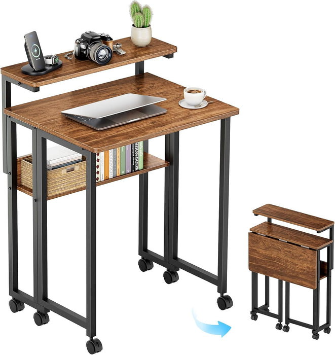 Folding Desk with Adjustable Monitor Stand and Storage Shelf, 24.8In Small Desk with Wheels, Mobile Rolling Table for Small Spaces, Home Office, Walnut