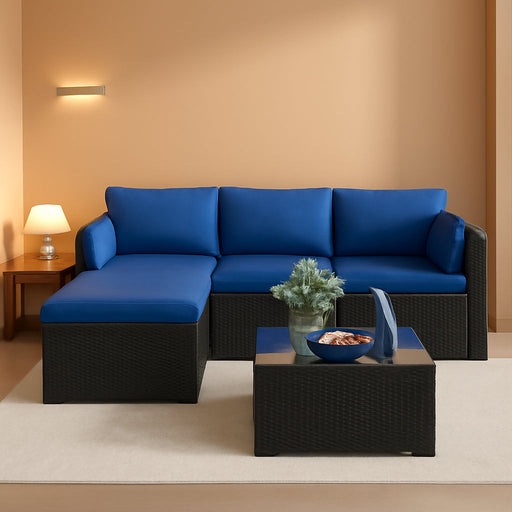 Patio Furniture Set 5-Piece, Outdoor Sectional Sofas with Washable Cushion, Wicker Rattan Patio Conversation Sets for Backyard Porch and Poolside, Navy