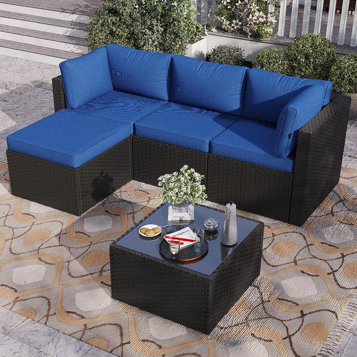 Patio Furniture Set 5-Piece, Outdoor Sectional Sofas with Washable Cushion, Wicker Rattan Patio Conversation Sets for Backyard Porch and Poolside, Navy