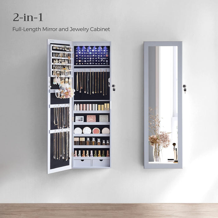 6 Leds Mirror Jewelry Cabinet, 47.2-Inch Tall Lockable Wall or Door Mounted Jewelry Armoire Organizer with Mirror, 2 Drawers, 3.9 X 14.6 X 47.2 Inches, Gray UJJC93GY