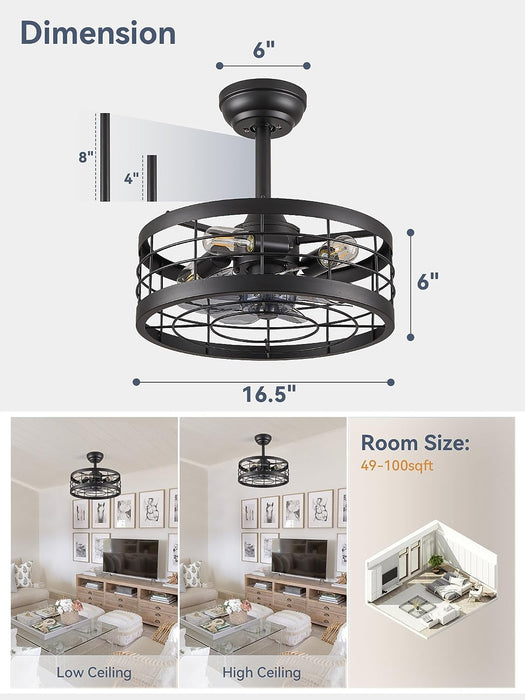 16.5 Inch Black Caged Ceiling Fan with Light, Fandelier Industrial Ceiling Fan with Remote, Farmhouse Fan Lights Ceiling Fixtures for Kitchen, Bedroom, Outdoor（6 Speed, Timing）-Black