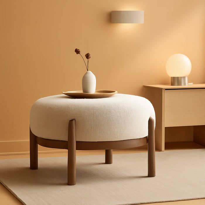 Modern Ottoman, Soft Sherpa Fabric Footrest Bench with Solid Wooden Legs Single Seat for Living Room Bedroom, Beige