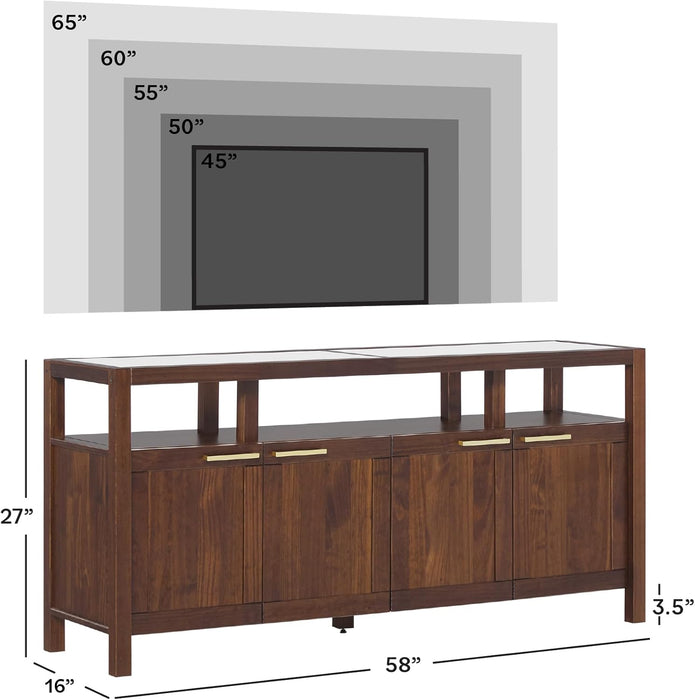 Isla Modern Solid Wood TV Stand with Tempered Glass Top and Shadow Box Shelf, 58 Inch, Walnut
