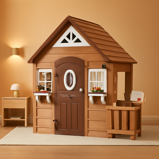 Aspen Cedar Wooden Kids Playhouse Cottage with Play Kitchen, Snack Bar, Picnic Bench, Dinner Bell, Mailbox, Dutch Door, Flowerpot Holders, Toy Lights, Country Style for Outdoor Play