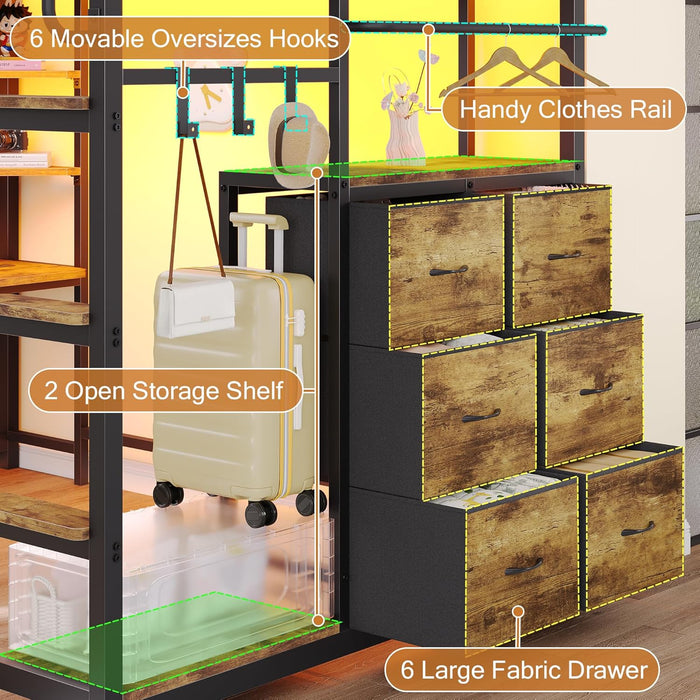 Twin Loft Bed with Desk, Twin Bed Frame with 6 Storage Drawers, 2 Bedside Organizer,3 Movable Hooks,Led Lights & Charging Station,Bunk Bed with Desk, Clothes Rack,Safety Guardrail,Rustic Brown