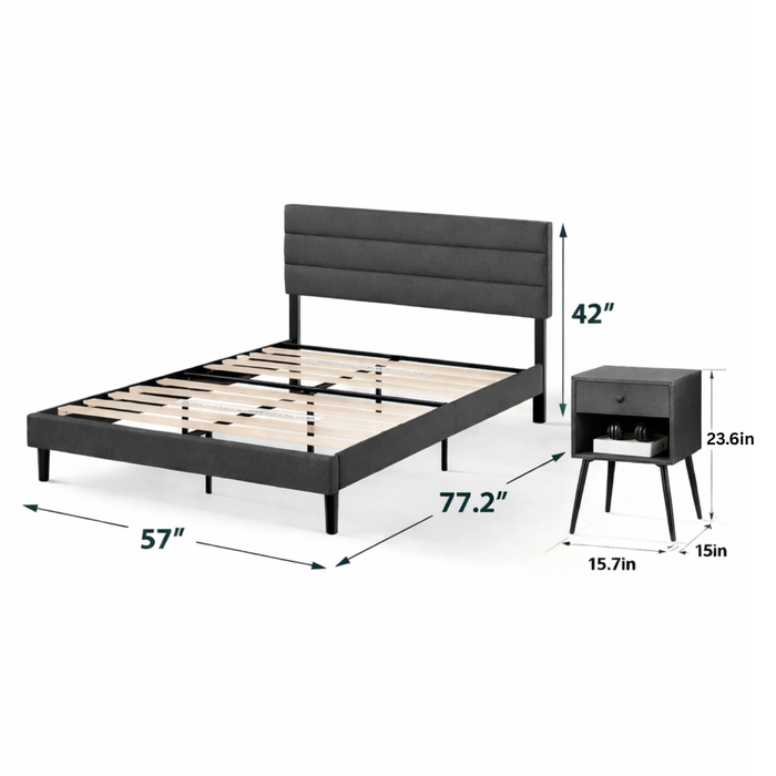 Full Upholstered Platform Bed with 2 Mid Century Nightstands Grey Set