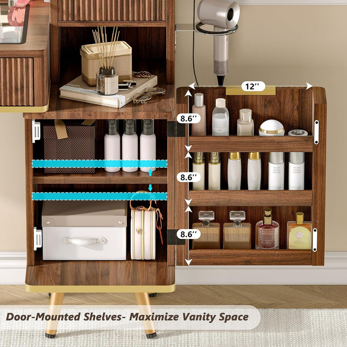 47" Vanity Desk with 5X Magnifying Mirror & 3-Color LED Light, Fluted Glass Top Makeup Table, USB Charging & Hair Dryer Holder, Dressing Table with Adjustable Shelves for Bedroom, Dark Walnut
