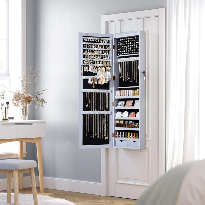 6 Leds Mirror Jewelry Cabinet, 47.2-Inch Tall Lockable Wall or Door Mounted Jewelry Armoire Organizer with Mirror, 2 Drawers, 3.9 X 14.6 X 47.2 Inches, Gray UJJC93GY