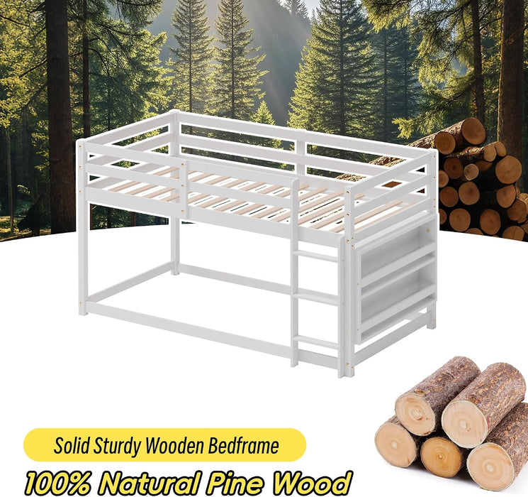 Low Bunk Bed for Kids, Floor Bunk Bed Twin over Twin with Bookshelves & Full Guardrails, Wooden Twin Bunk Bed Frame for Bedroom, Dorm, Boys, Girls, Children, Toddler (White)