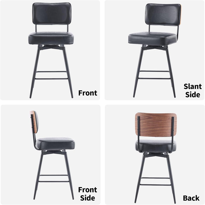 26" Swivel Bar Stools Set of 2, Upholstered PU Leather Barstools with Wood Backs and Metal Legs, Counter Height Barstool for Kitchen Island & Outdoor Bar Stools, Black