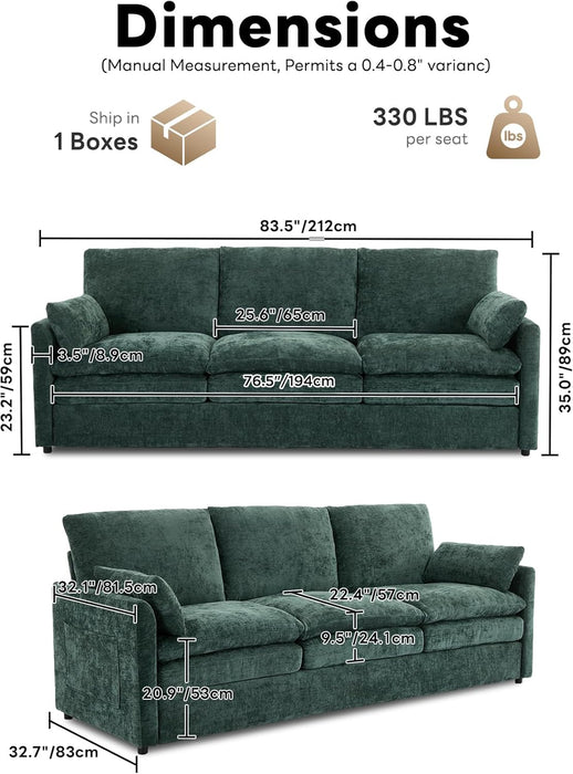Green Chenille Cloudlike Sofa 83 Inches UltraComfort