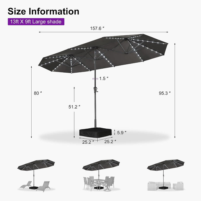13Ft Double-Sided Patio Umbrella with Solar Lights Outdoor Market Umbrella with Base and Crank Handle Table Umbrella for Backyard Pool Garden Deck, Grey