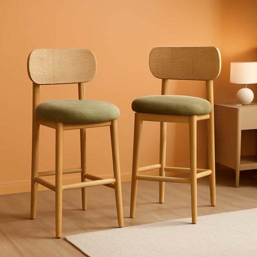 Counter Height Bar Stools Set of 2, Modern Upholstered round Counter Stools with Natural Woven Rope Back and Solid Wood Legs, Boho Barstools for Kitchen Island/Home Bar/Oatmeal - Green Chenille