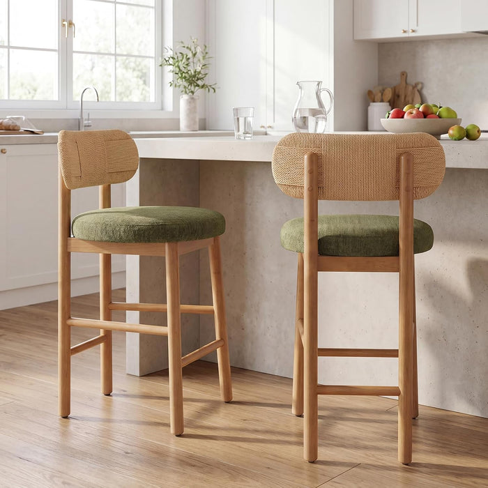 Counter Height Bar Stools Set of 2, Modern Upholstered round Counter Stools with Natural Woven Rope Back and Solid Wood Legs, Boho Barstools for Kitchen Island/Home Bar/Oatmeal - Green Chenille