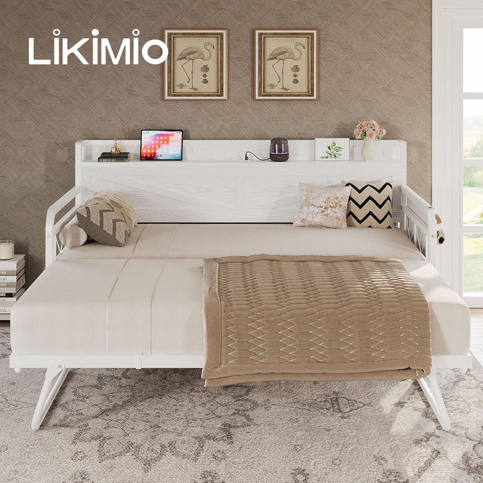 Twin Daybed with Trundle Bed, Storage Headboard with Charging Station, Sofa Day Bed with Strong Supports for Living Room, Bedroom, and Guest Room, White