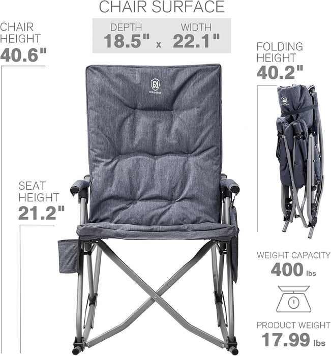Oversized Folding Rocking Camping Chair, Padded Portable Rocker Chair for Patio, Lawn and Outdoors, Heavy Duty Hard Armchair for Adults Supports 400Lbs, Grey