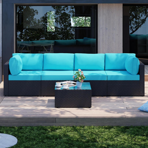 5 Pieces Outdoor Patio Sectional Sofa Couch, Black PE Wicker Furniture Sets, Patio Conversation Sets with Washable Cushions Glass Coffee Table for Garden, Poolside, Backyard,Blue