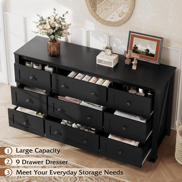 9 Drawer Dresser Black, 62" Wide Wooden Chest with Anti-Tip Structure