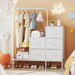 Dresser for Bedroom with Hanging Rack, 5 Drawers Dresser with Clothes Rack, Fabric Dressers & Chest of Drawers with PU Finish Storage Organizer, for Living Room Closet, White