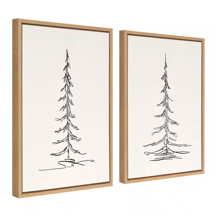 Sylvie Minimalist Evergreen Trees Sketch 1 and 2 24 In. X 18 In. by the Creative Bunch Studio Framed Canvas Wall Art