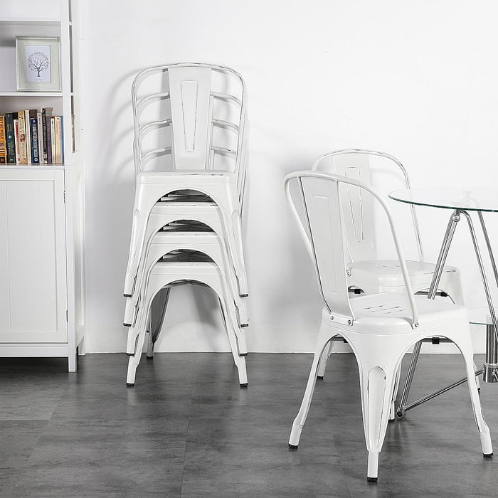 Metal Kitchen Dining Chairs Indoor-Outdoor Distressed Style Stackable Side Coffee Chairs in Distressed White, Set of 4