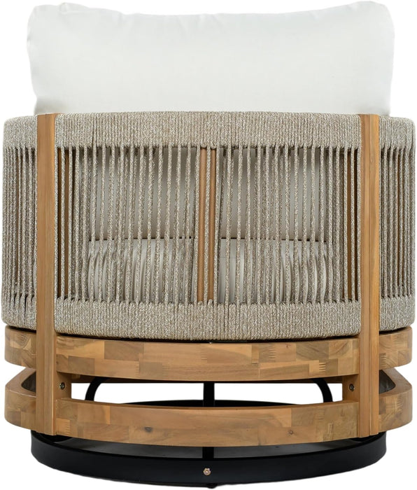 Sue Outdoor Acacia Wood Swivel Accent Chairs Set of 2 with Cushions, 360° Rotating Lounge Chair Outdoor with Rope Accent, Outdoor Swivel Chairs for Garden, Natural + Beige