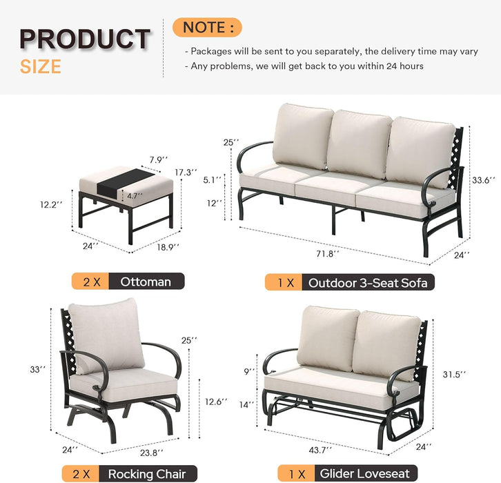 5 Pieces Patio Furniture Set for 7, Outdoor Conversation Set Includes 3-Seat Outdoor Sectional Sofa, 1 Patio Loveseat, 2 Rocking Patio Chairs and 2 Ottomans with Cushions for Garden, Beige