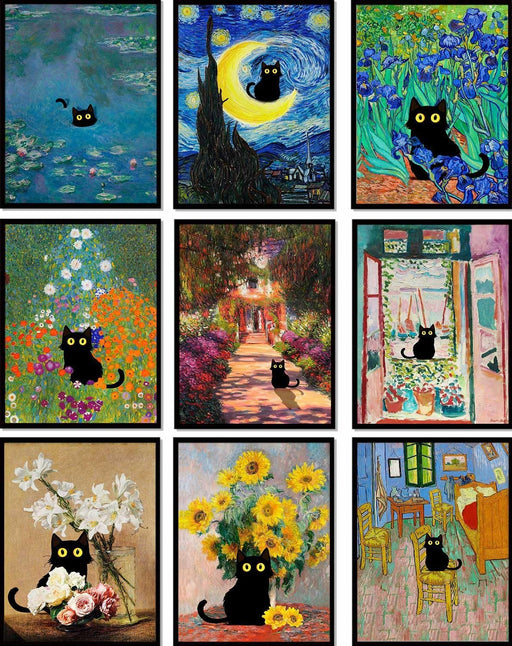 9Pcs Funny Black Cat Wall Art Cats in Famous Paintings Posters Prints Vintage Gallery Wall Decor Pictures Eclectic Cute Preppy Aesthetic Room Decor,Unframed