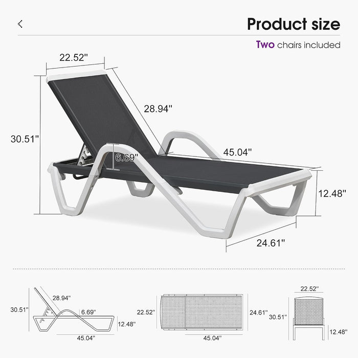Lounge Chair Outdoor Set of 2 W/Armrest & 1 Table, Dark Grey