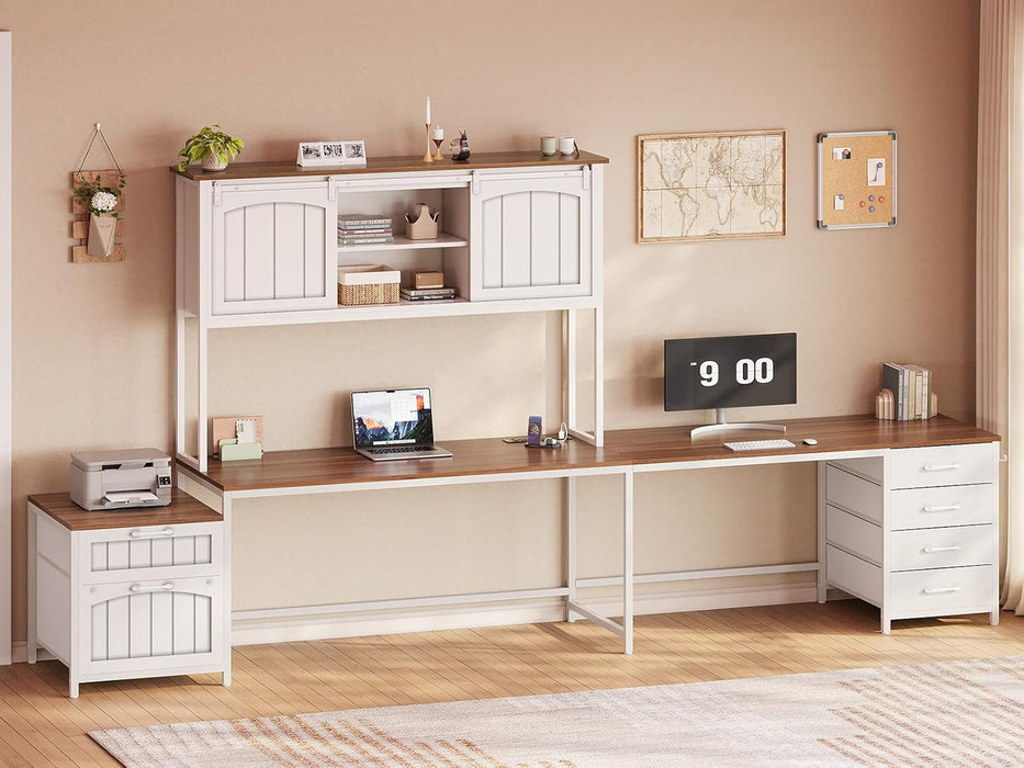 Farmhouse L Shaped Office Desk with 6 Drawer, Reversible Computer Desk with Power Outlet, Hutch for Home Office/Two Person, Corner Desk with File Drawer & Printer Storage Shelves, White